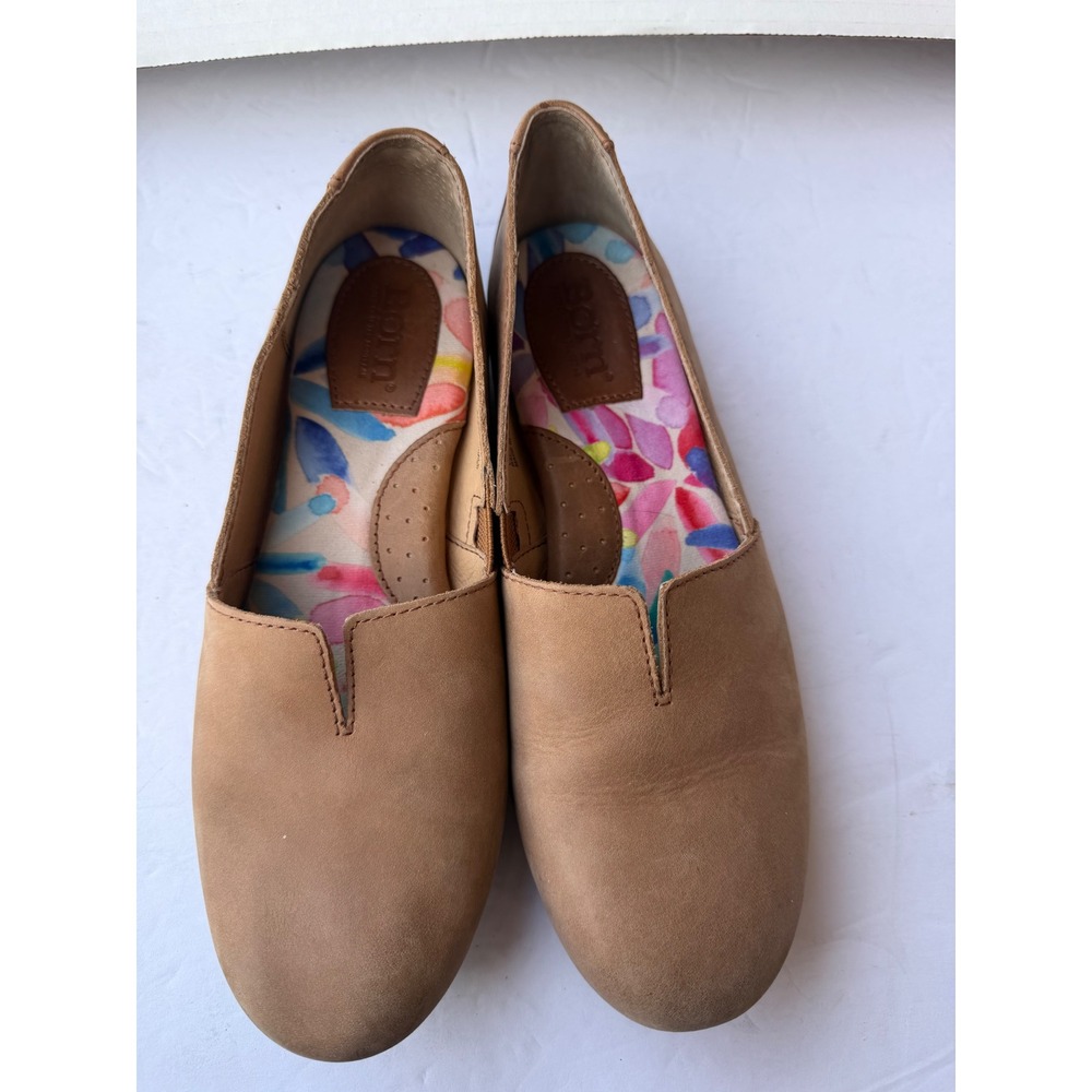 Born Sebra Suede Tan Leather Slip On Notched Vamp Flat Comfort Shoes Sz 7